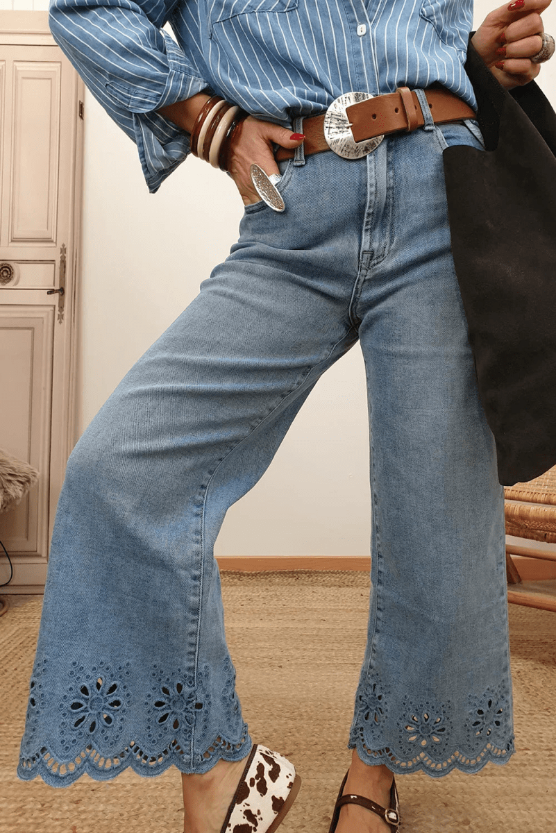 Embroidered High Waist Jeans - Dusk Blue Wide Leg Cropped - minbolu -