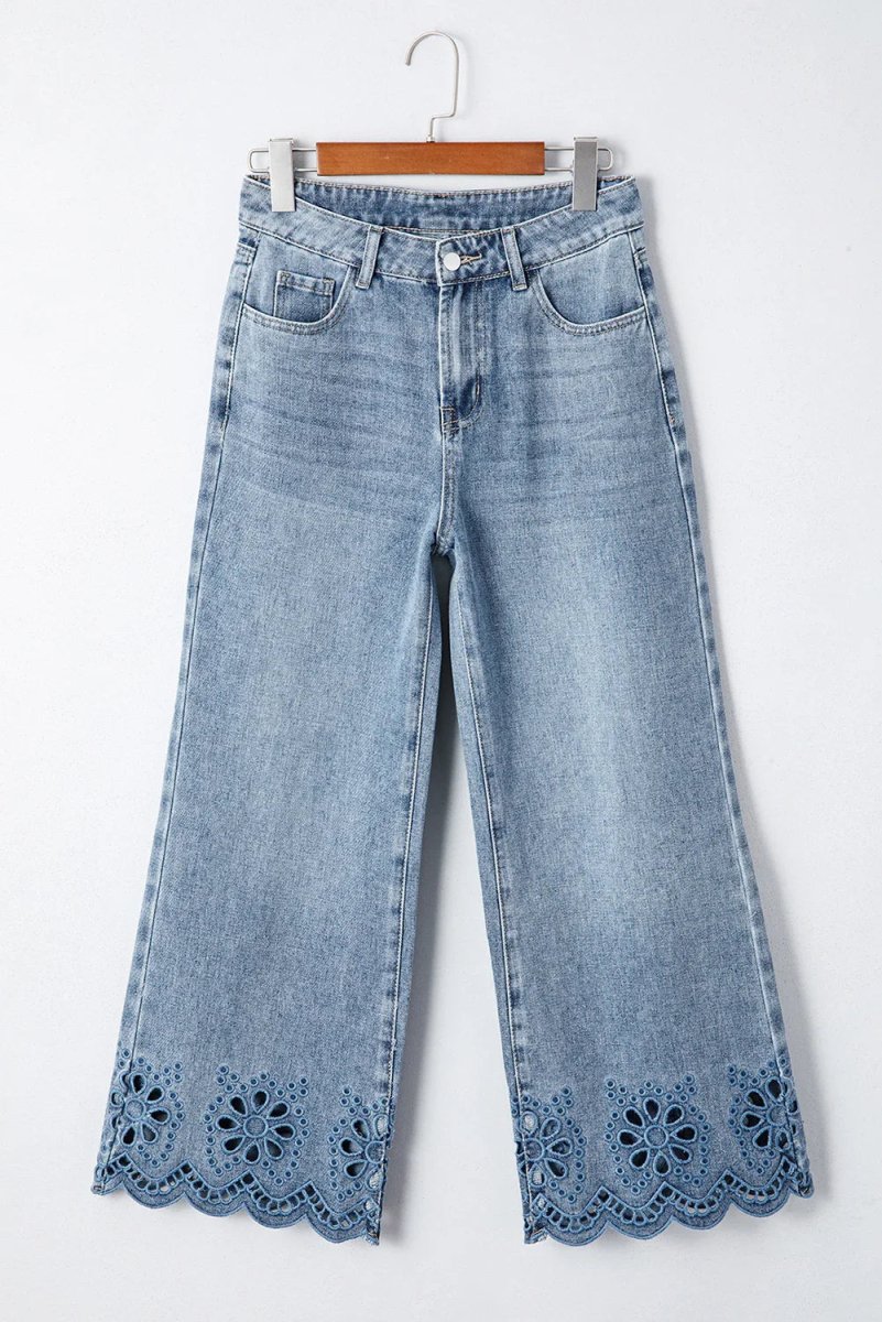 Dusk Blue Embroidered Cropped Wide Leg High Waist Jeans - minbolu -