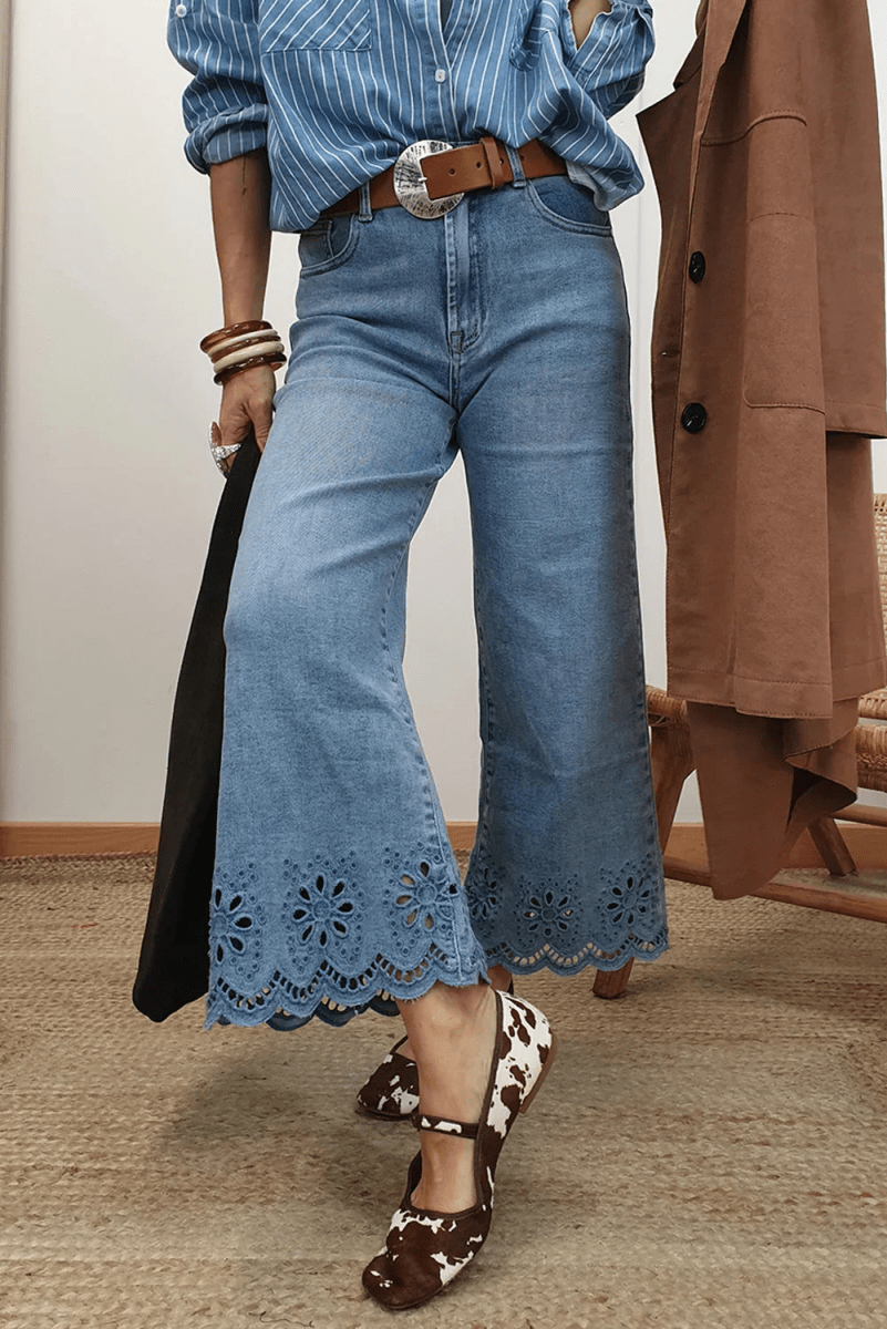 Dusk Blue Embroidered Cropped Wide Leg High Waist Jeans - minbolu -
