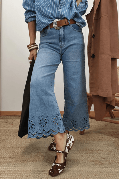 Dusk Blue Embroidered Cropped Wide Leg High Waist Jeans - minbolu -