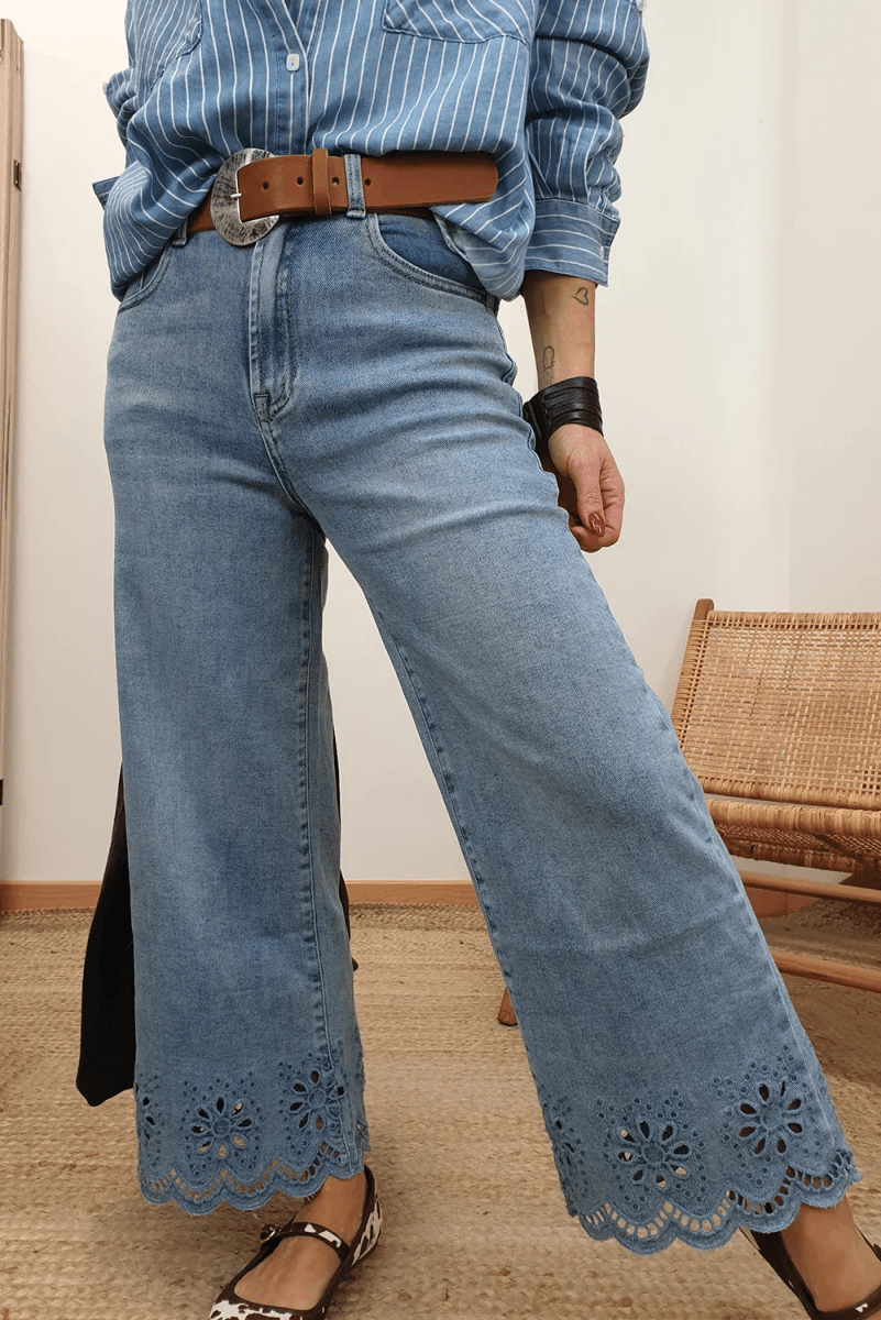 Embroidered High Waist Jeans - Dusk Blue Wide Leg Cropped - minbolu -