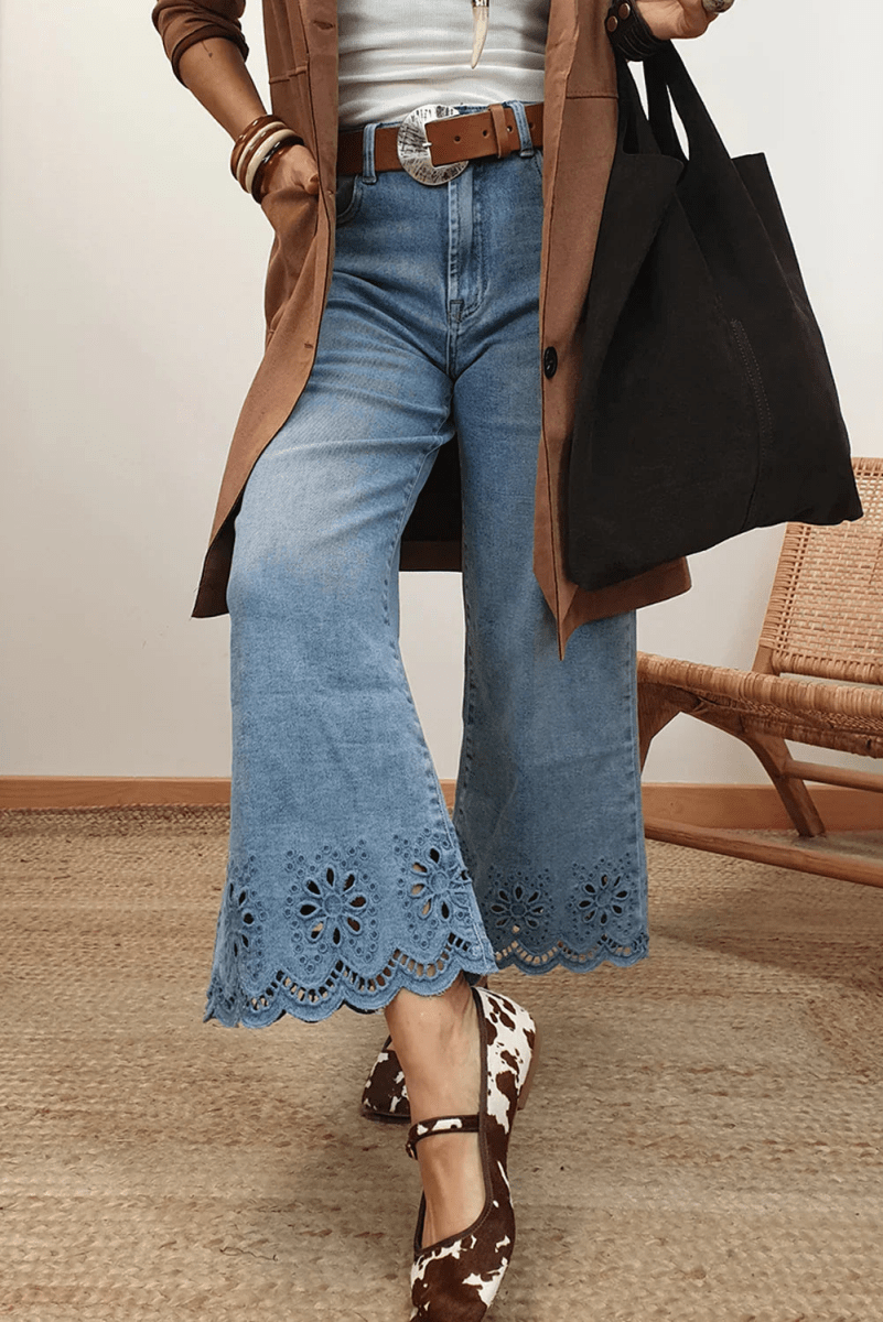 Dusk Blue Embroidered Cropped Wide Leg High Waist Jeans - minbolu -