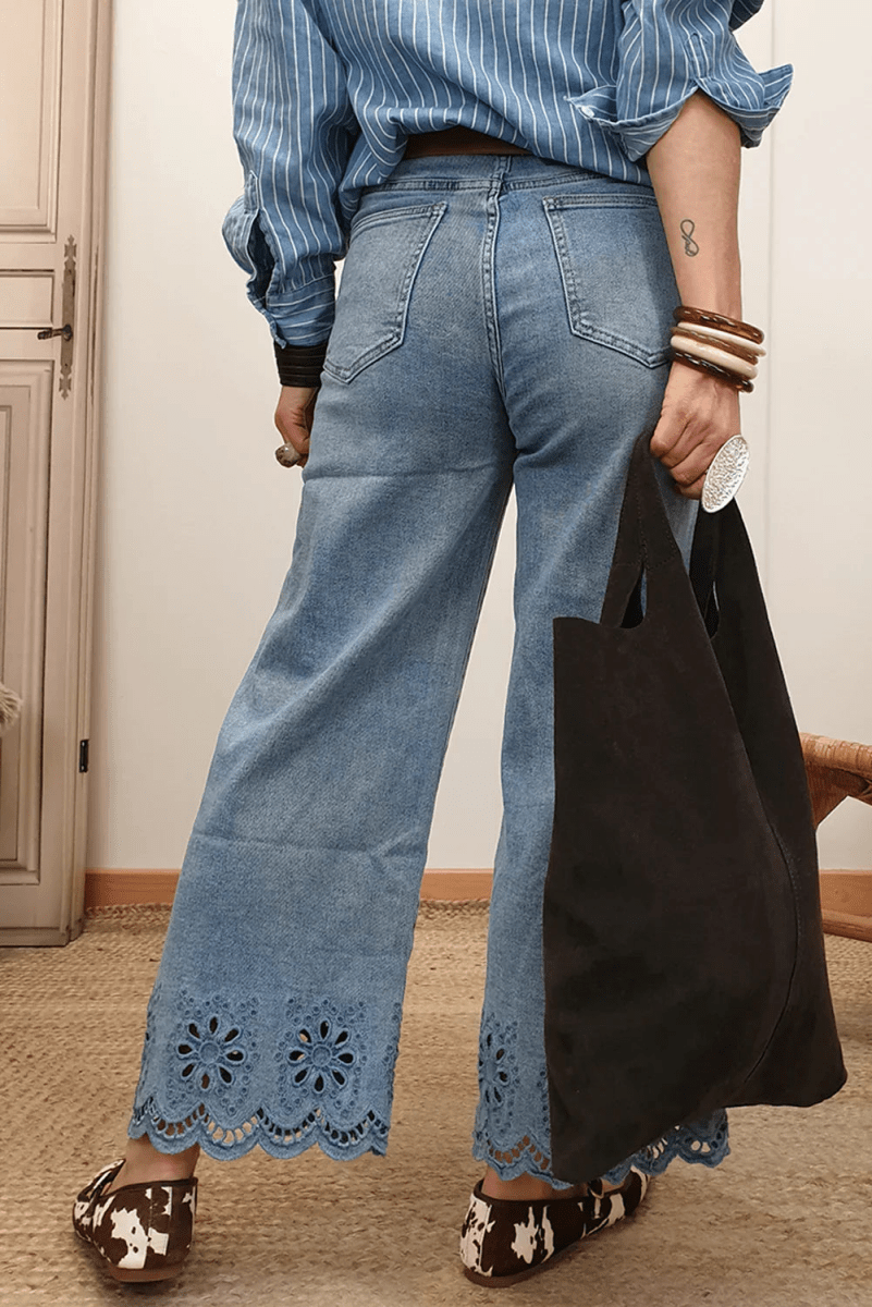 Dusk Blue Embroidered Cropped Wide Leg High Waist Jeans - minbolu -