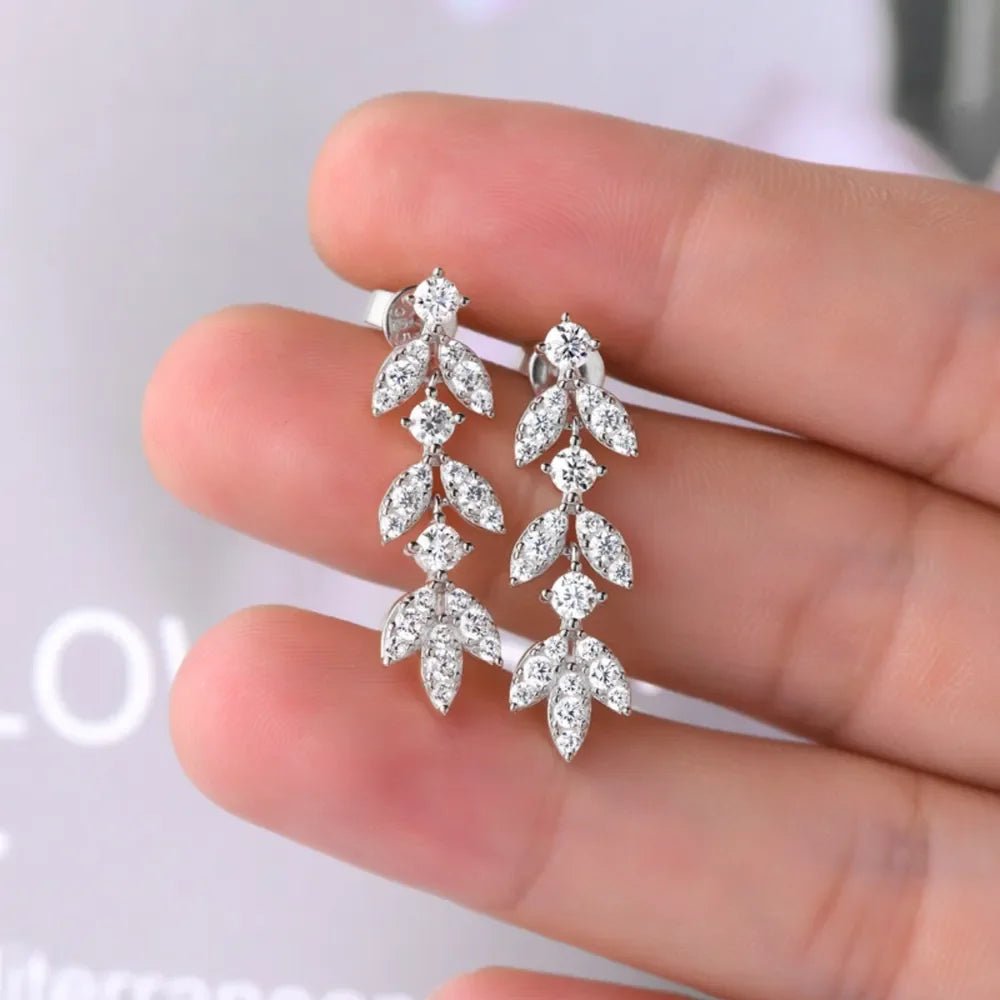 Ethereal Leaf Moissanite Drop Earrings - 925 Sterling Silver Bohemian State: Silver - minbolu -