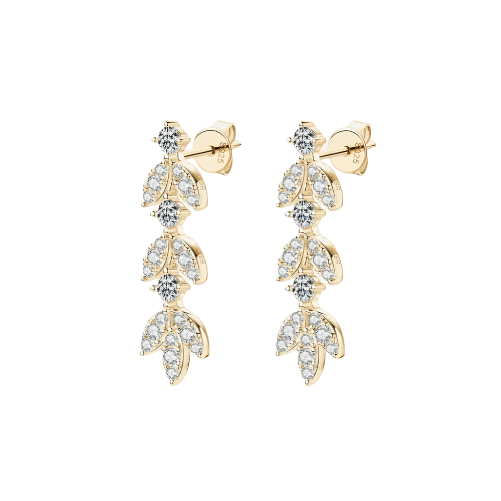 Ethereal Leaf Moissanite Drop Earrings - 925 Sterling Silver Bohemian Statement Jewelry: Gold - minbolu -