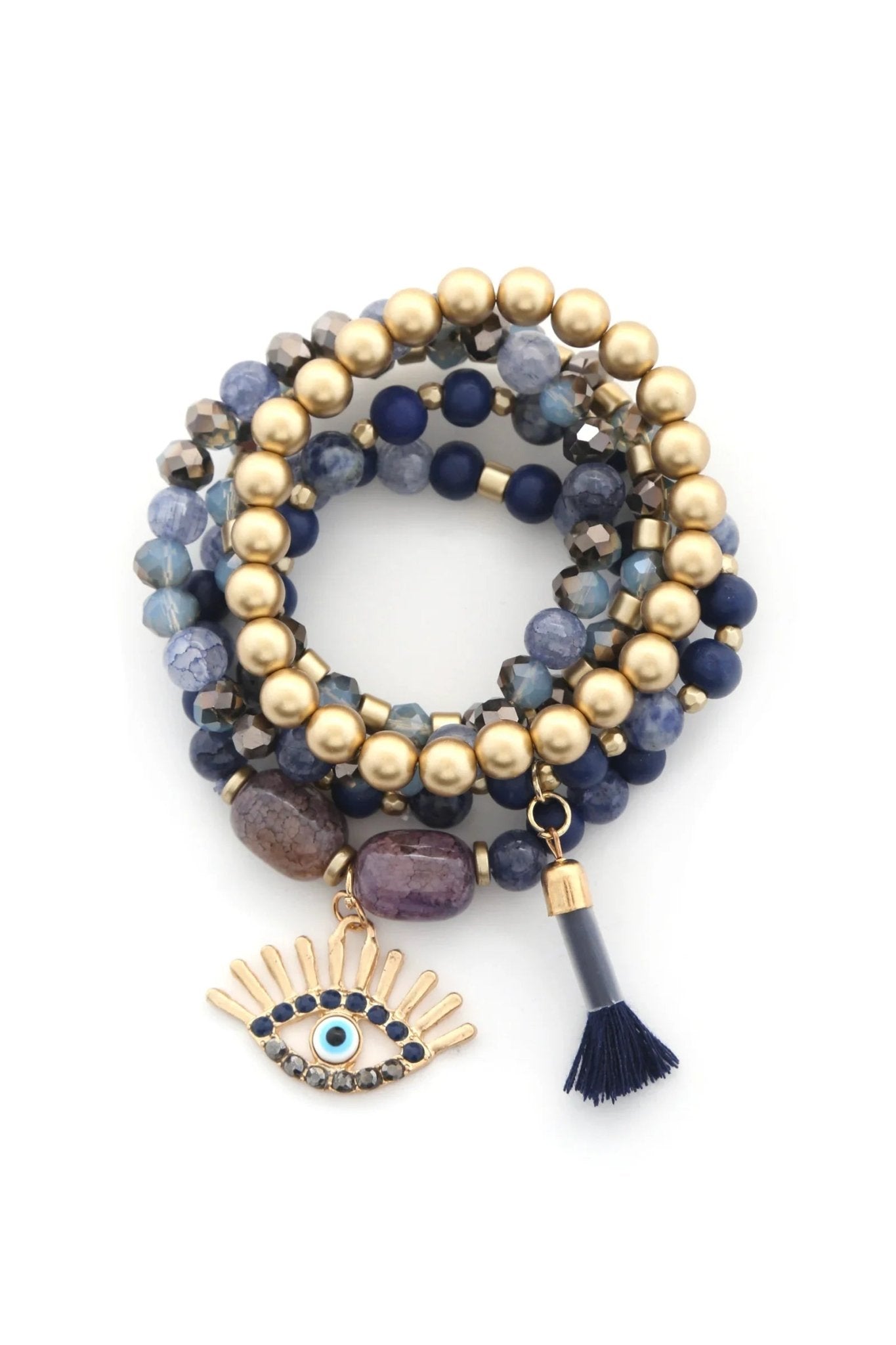 Evil Eye Bead Tassel Bracelet Set - minbolu
