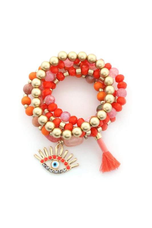 Evil Eye Bead Tassel Bracelet Set - minbolu -