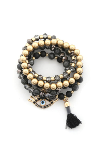 Evil Eye Bead Tassel Bracelet Set - minbolu