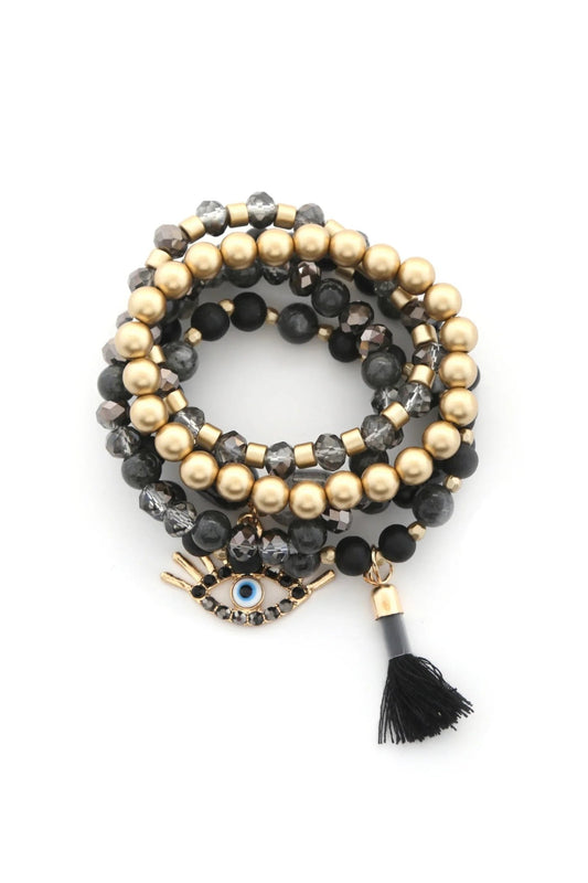 Evil Eye Bead Tassel Bracelet Set - minbolu