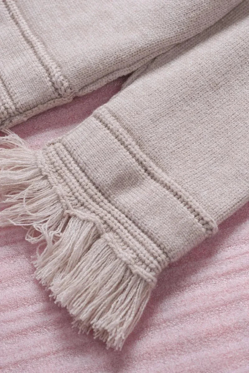 Exposed Seam Fringe Hem V-Neck Long Sleeve Sweater - minbolu -