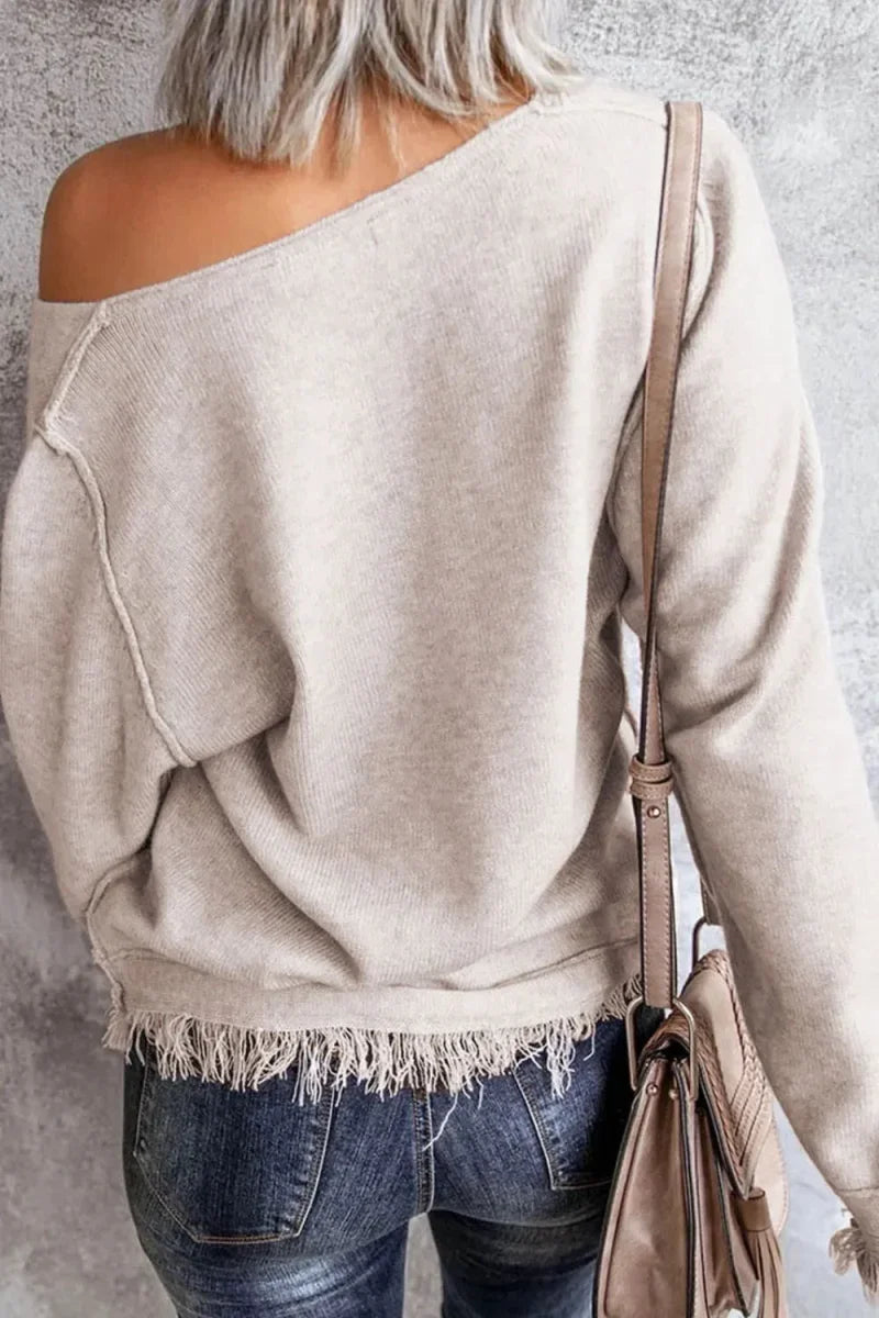 Exposed Seam Fringe Hem V-Neck Long Sleeve Sweater - minbolu -