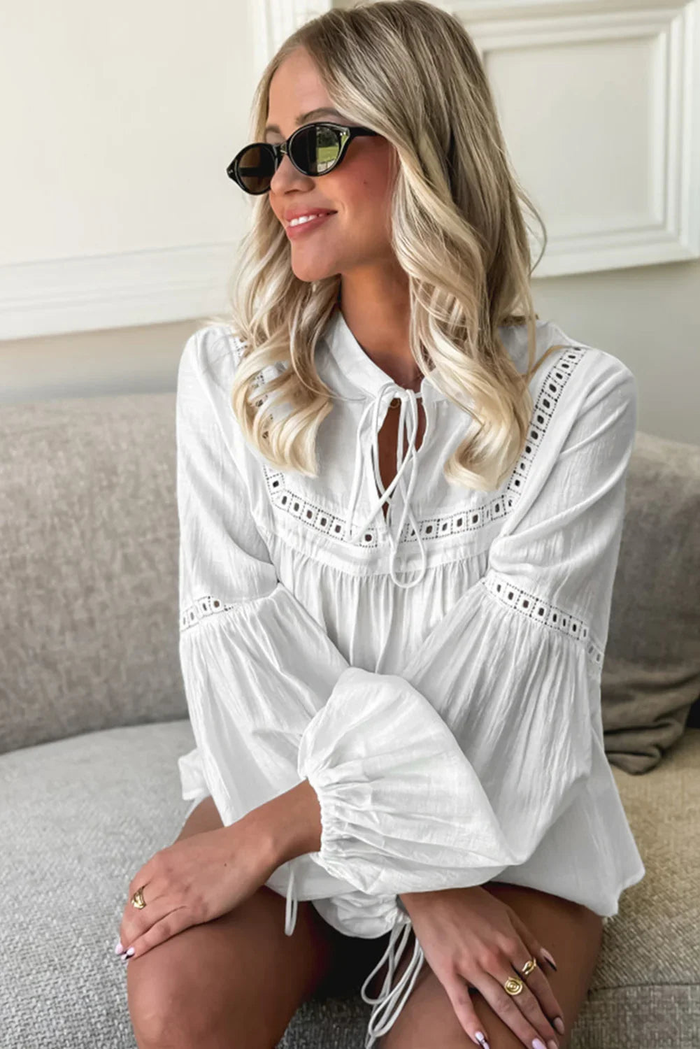 White Drawstring Lace Detail Puff Sleeve Split Neck Blouse - minbolu -