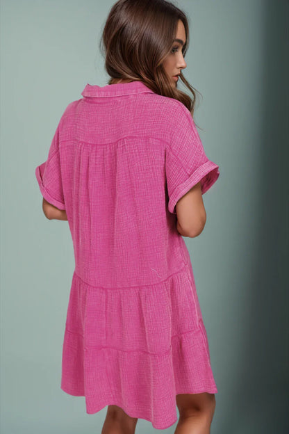 Tiered Notched Short Sleeve Dress - 100% Cotton - minbolu -