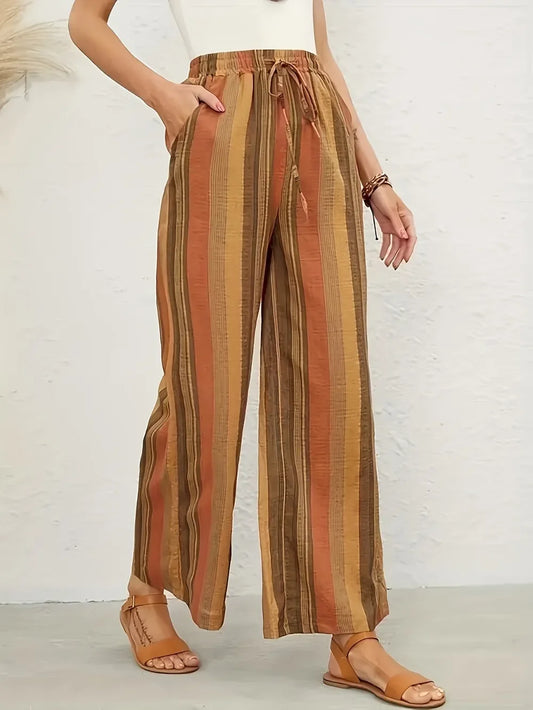 Full Size Drawstring Striped Wide Leg Pants - minbolu -