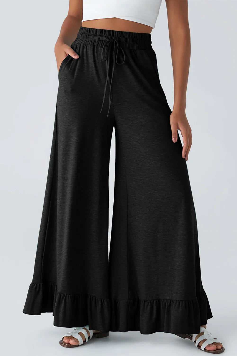 Black Solid Color Ruffle Hem Wide Leg Pants - minbolu -