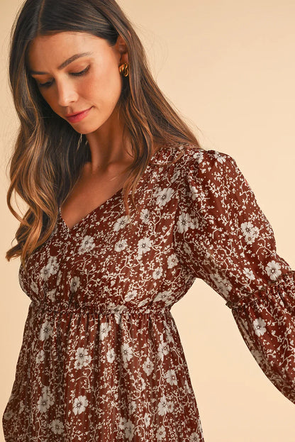 Brown Boho Floral Ruffle Puff Sleeve V Neck Mini Dress - minbolu -