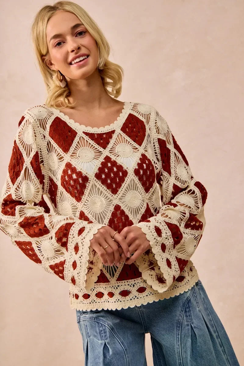 BiBi Diamond Crochet Knit Top - minbolu -