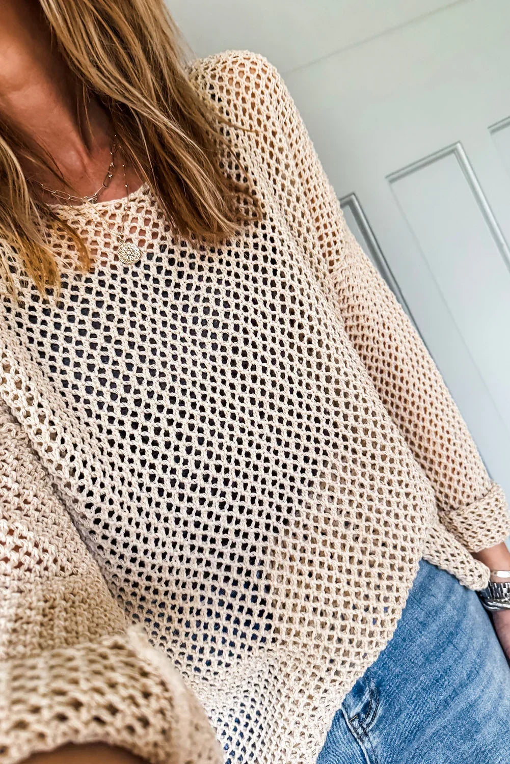 Smoke Gray Crochet Hollow-out Knit Sweater - minbolu -