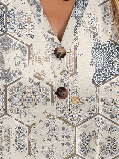 Printed Notched Short Sleeve Blouse - Stylish Design - minbolu -