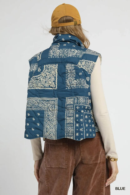 Umgee Bandana Print Quilted Puffer Vest - minbolu -