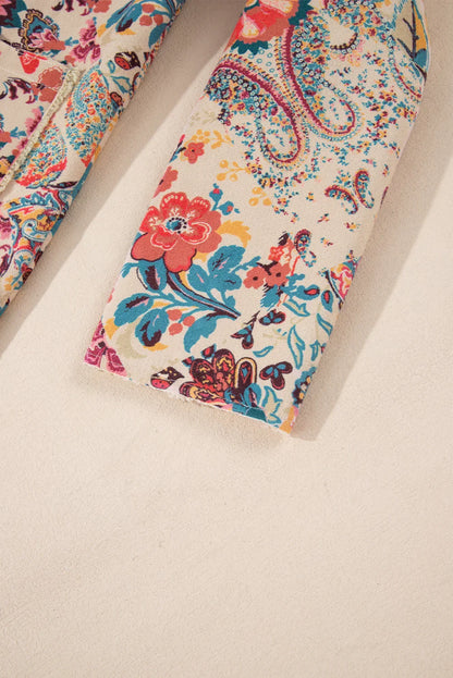 Beige Vintage Paisley Floral Printed Sherpa Lined Hooded Jacket - minbolu -
