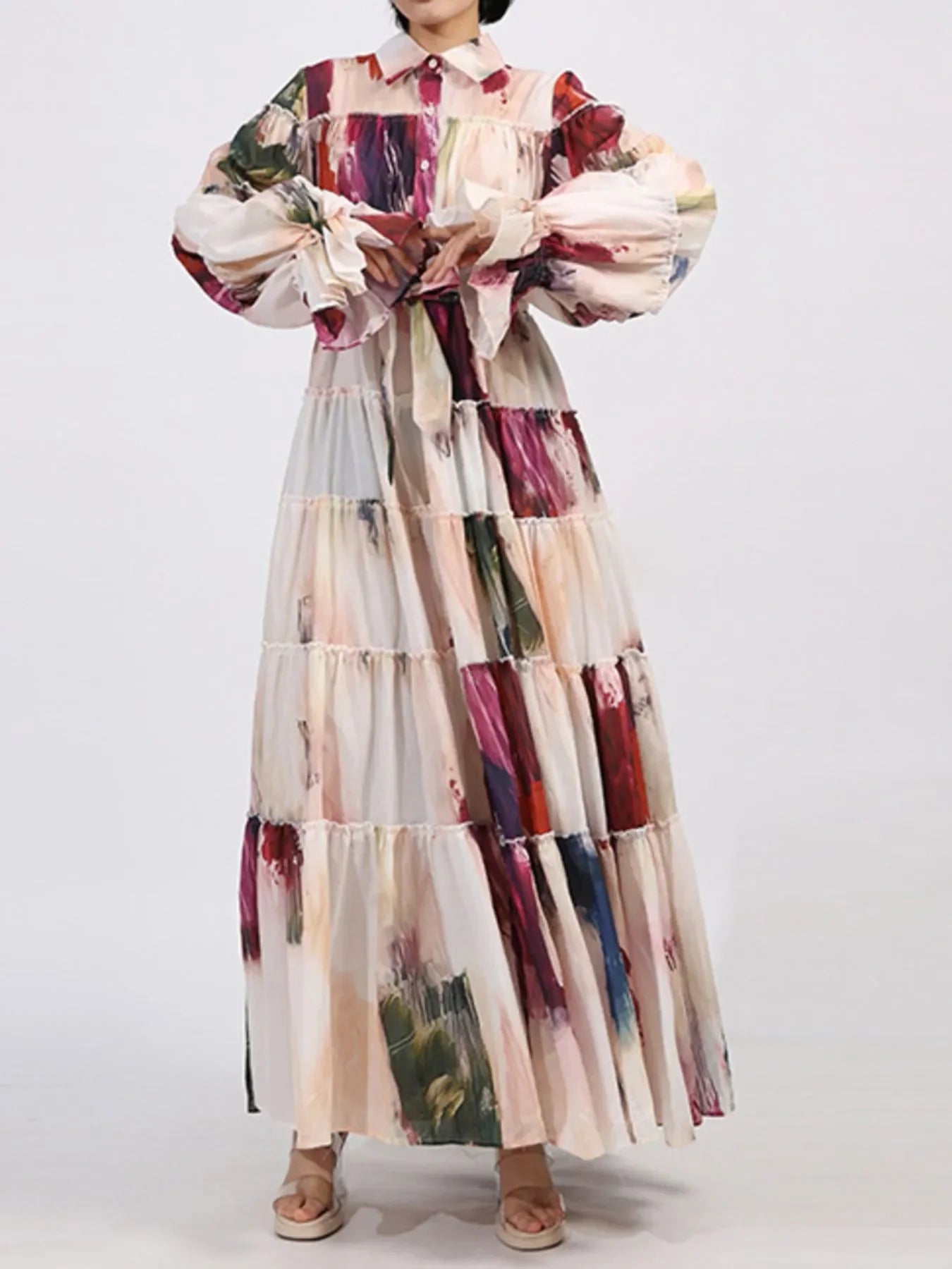 Tiered Tie Waist Maxi Dress - minbolu -