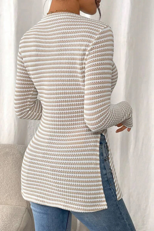 Jet Stream Striped Side Slit Round Neck Sheer Long Sleeve Top - minbolu -