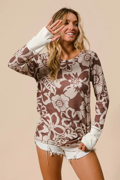 Women's Long Sleeve Top - BiBi Flower Printed Waffle Thumb Opening Boho Long Sleeve Top - minbolu -