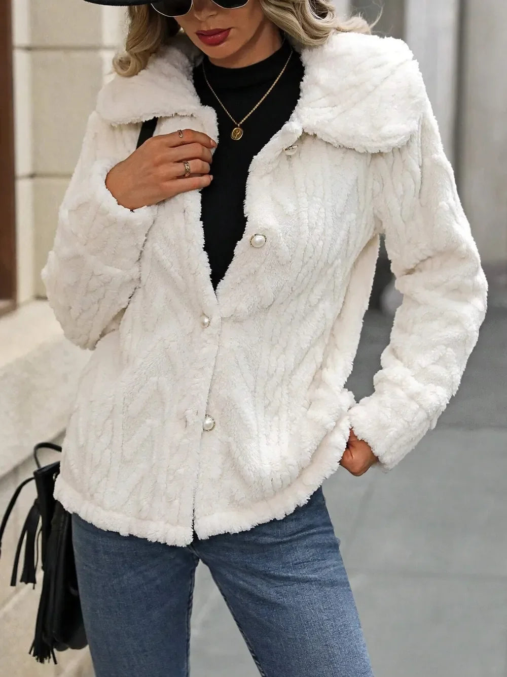 Fuzzy Texture Button Up Collared Neck Coat - minbolu -