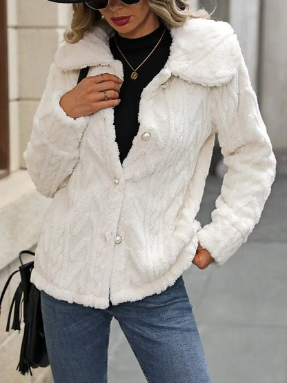 Fuzzy Texture Button Up Collared Neck Coat - minbolu -