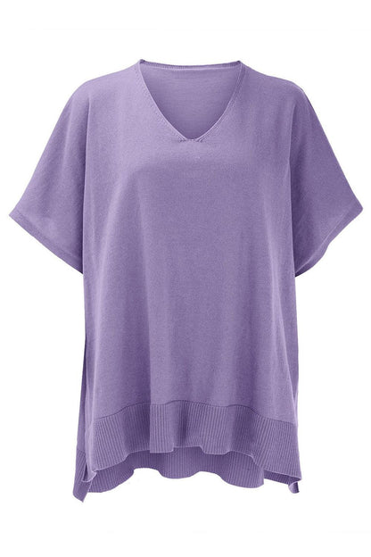 Slit V-Neck Half Sleeve Knit Top - minbolu -