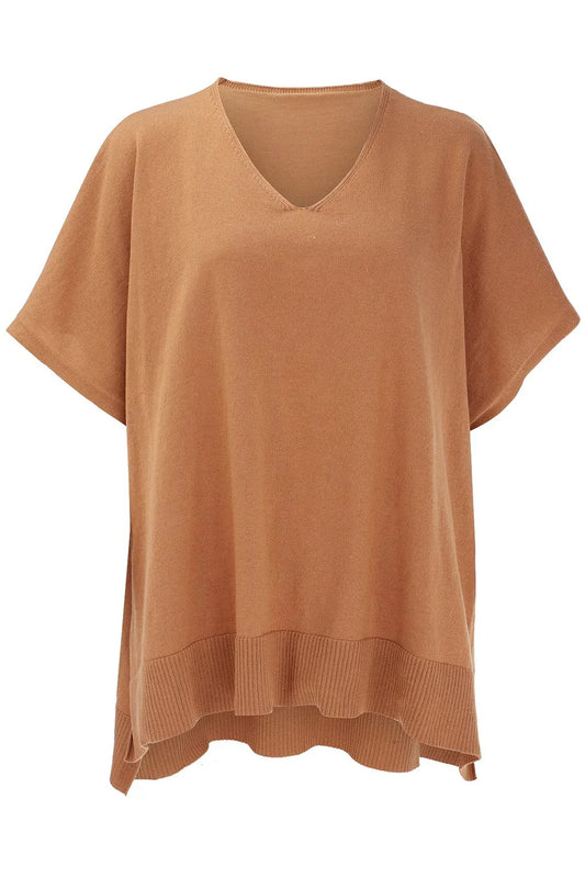 Slit V-Neck Half Sleeve Knit Top - minbolu -