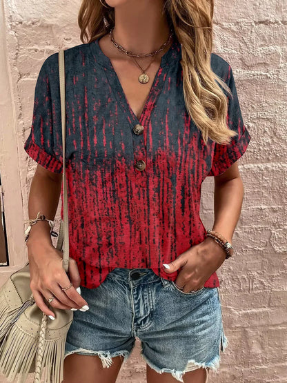 Printed Notched Short Sleeve Blouse - Stylish Design - minbolu -