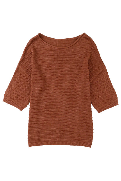 Brown Solid Color Rib-Knit Drop Sleeve Side Slits Top - minbolu -