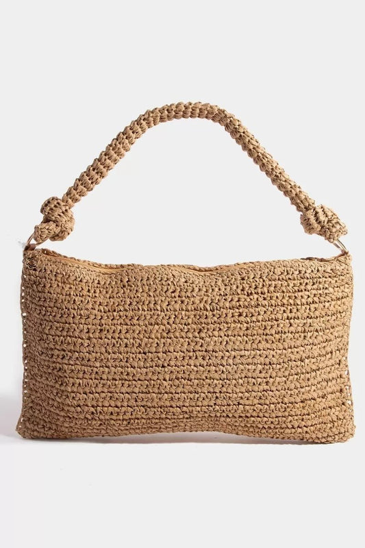 Fame Braided Handle Rectangular Straw Handbag - Natural Woven Boho Tote - minbolu -