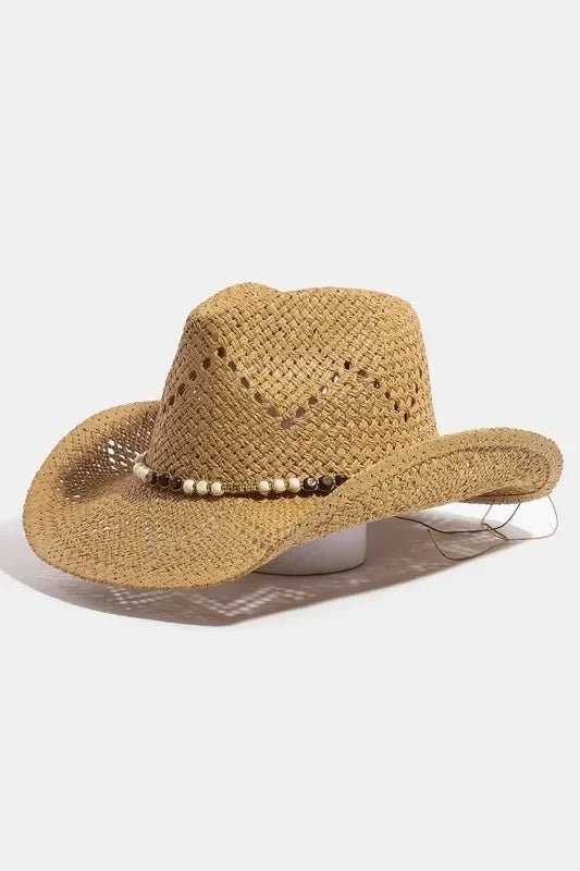 Fame Mixed Beaded Strap Western Fedora Straw Hat - minbolu