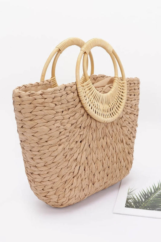 Faux Straw Bamboo Handle Tote Bag - minbolu -