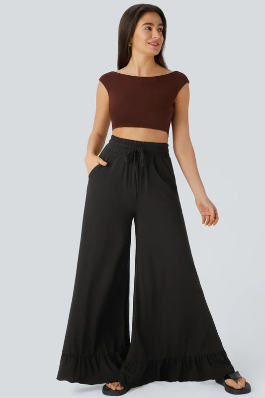 Black Solid Color Ruffle Hem Wide Leg Pants - minbolu -