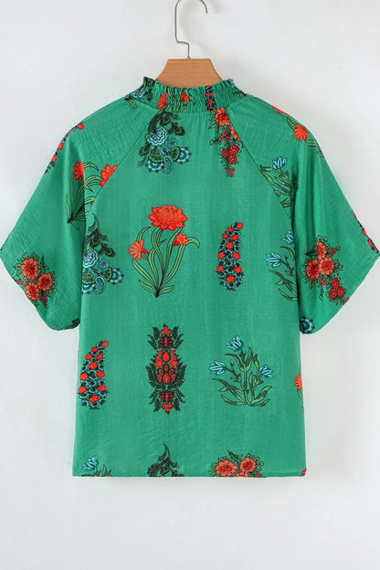 Floral Print Notched Short Sleeve Blouse - minbolu -