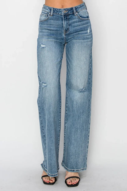 RISEN High Waist Distressed Wide Leg Jeans - minbolu -