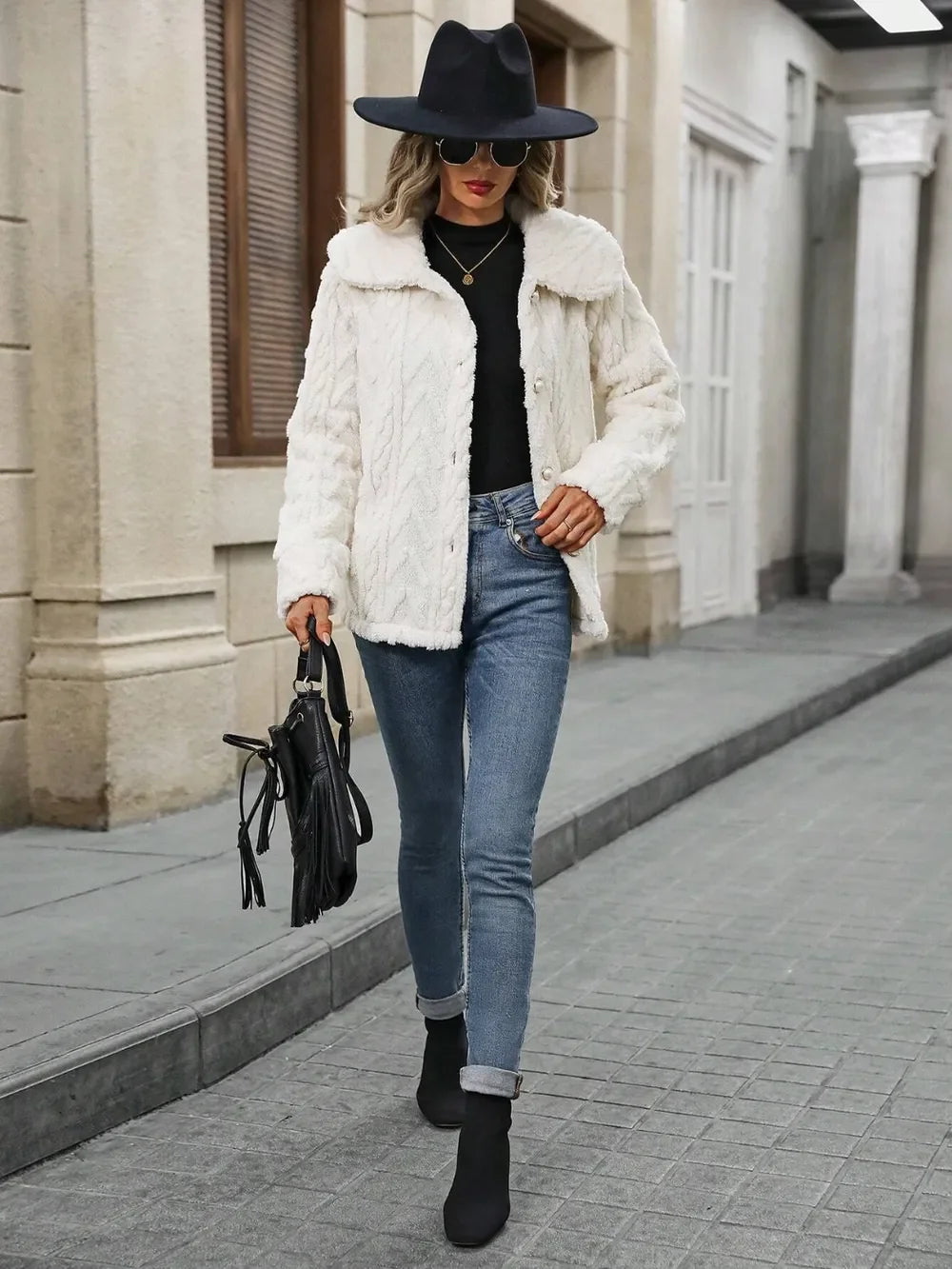 Fuzzy Texture Button Up Collared Neck Coat - minbolu -