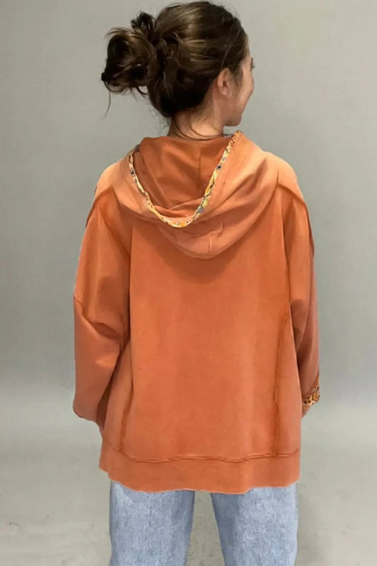 Flamingo Mix Floral Patchwork Side Slit Drawstring Hoodie - minbolu -