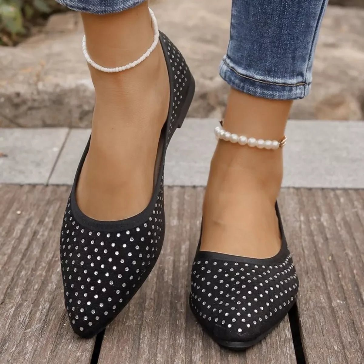 Flat Slip - On Point Toe Flats - Rhinestone Embellished Women's Shoes - minbolu