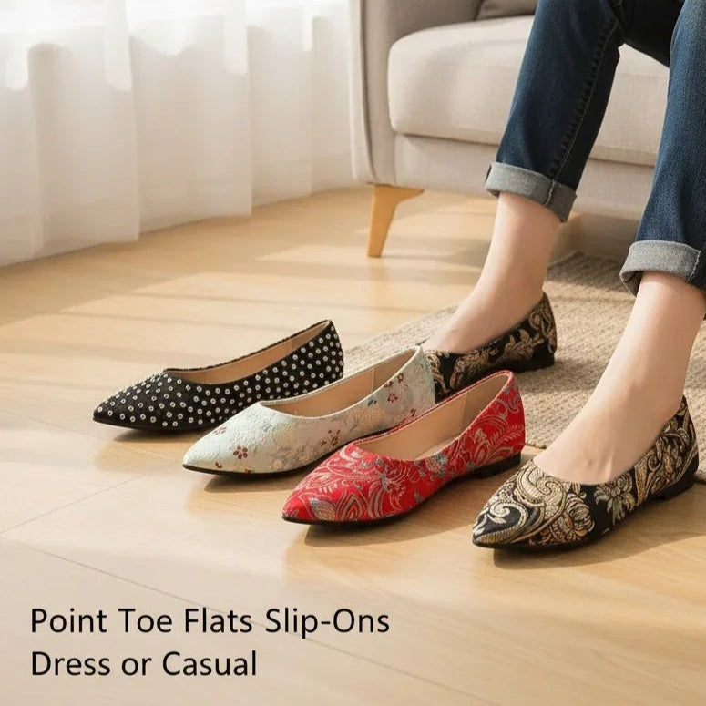 Flat Slip-On Point Toe Flats - Rhinestone Embellished Women's Shoes - minbolu -