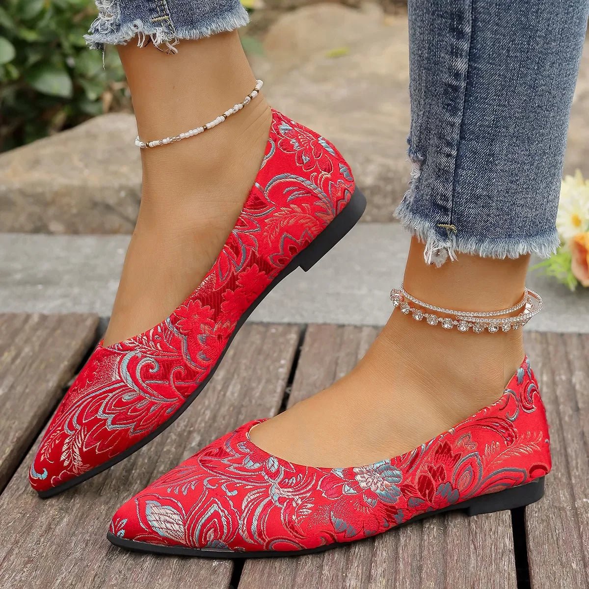 Flat Slip - On Point Toe Flats - Rhinestone Embellished Women's Shoes - minbolu