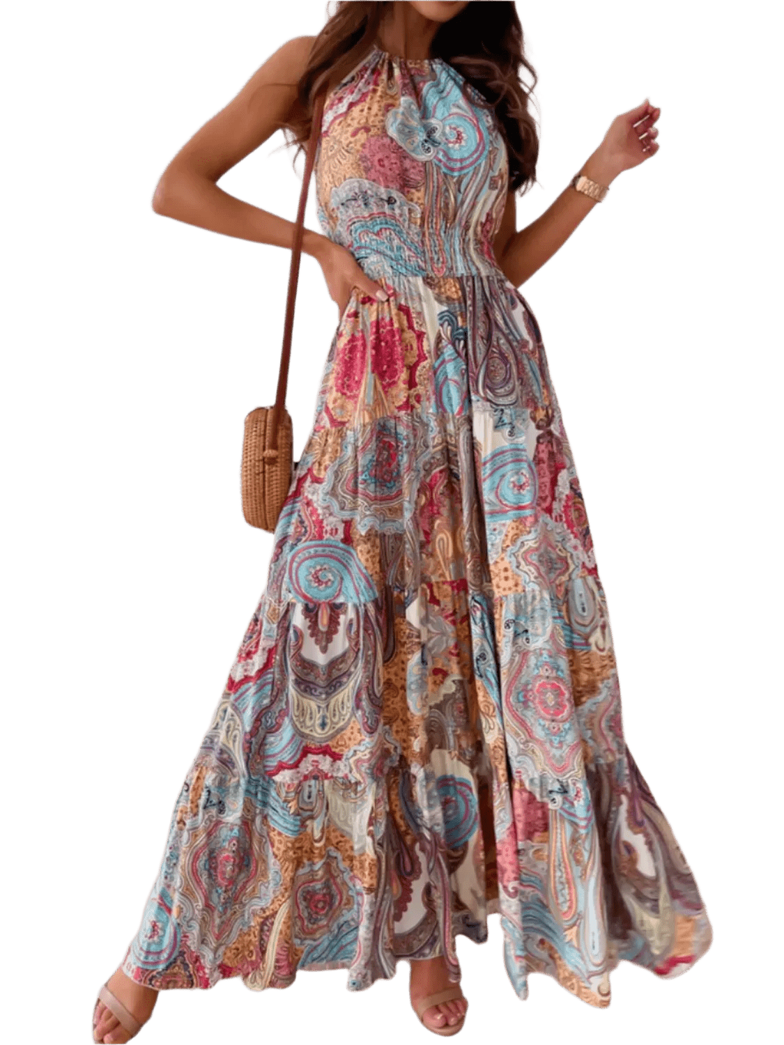 Flatter Me Boho Halter Neck Maxi Dress: Blue Flower - minbolu