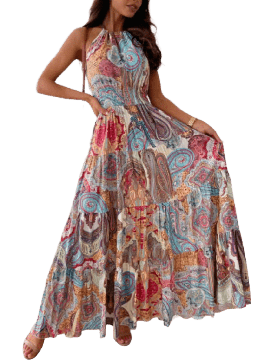 Flatter Me Boho Halter Neck Maxi Dress: Blue Flower - minbolu