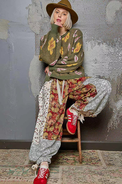 POL Floral Pattern Round Neck Balloon Sleeve Sweater - minbolu -