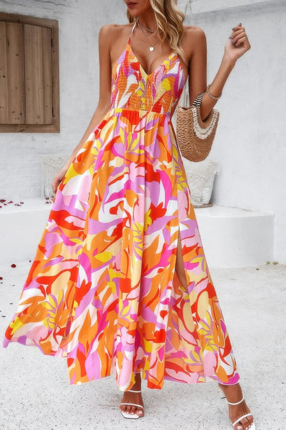 Floral Boho Tie Sleeveless High Waist Maxi Dress - minbolu
