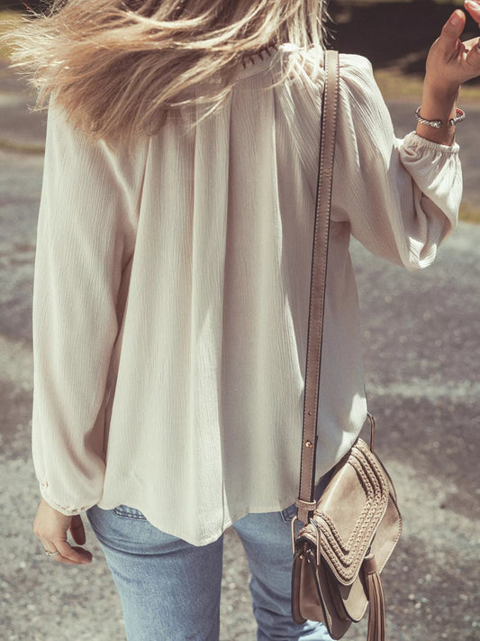 Floral Embroidered Textured Puff Sleeve Loose Shirt - minbolu -